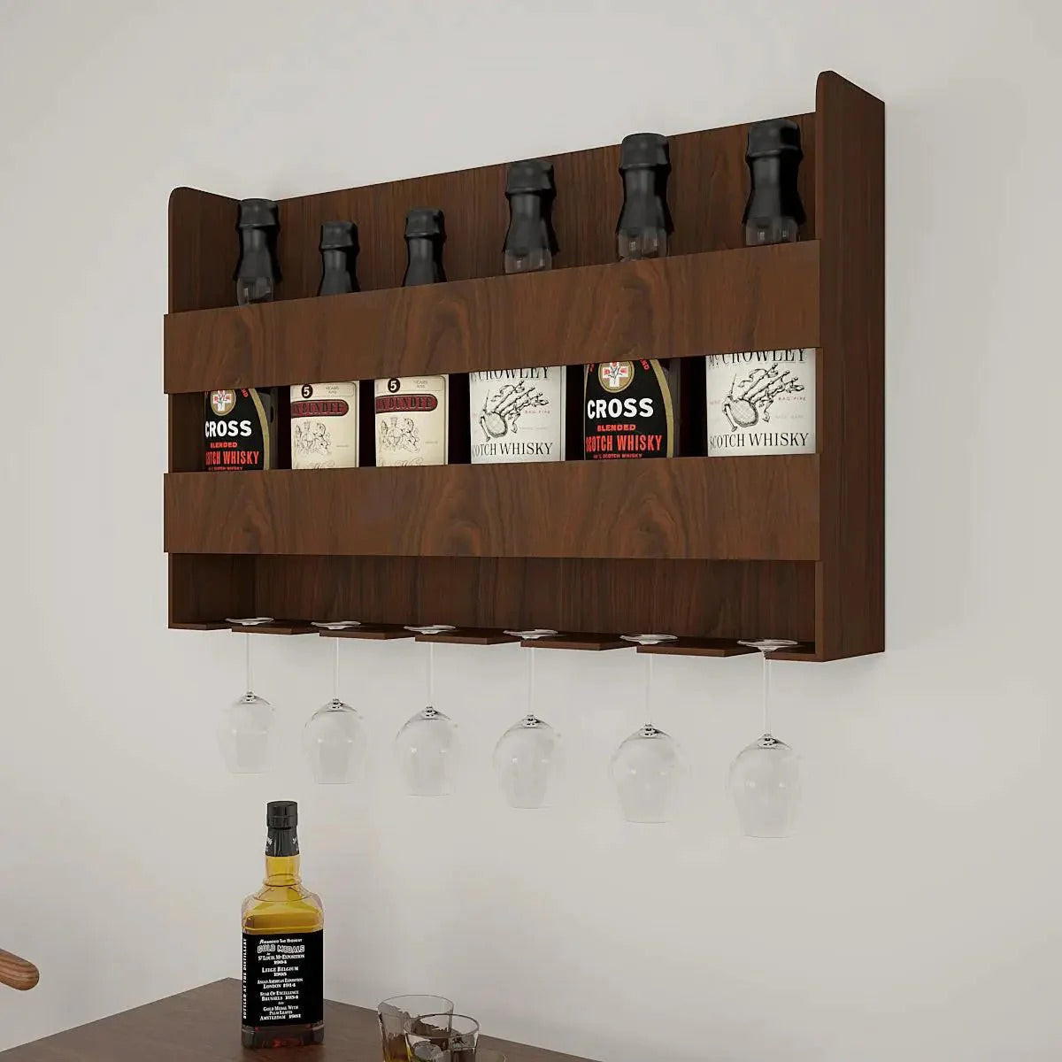 Sturdy Design Backlit MDF Bar Wall Shelf / Mini Bar Shelf in Walnut Finish