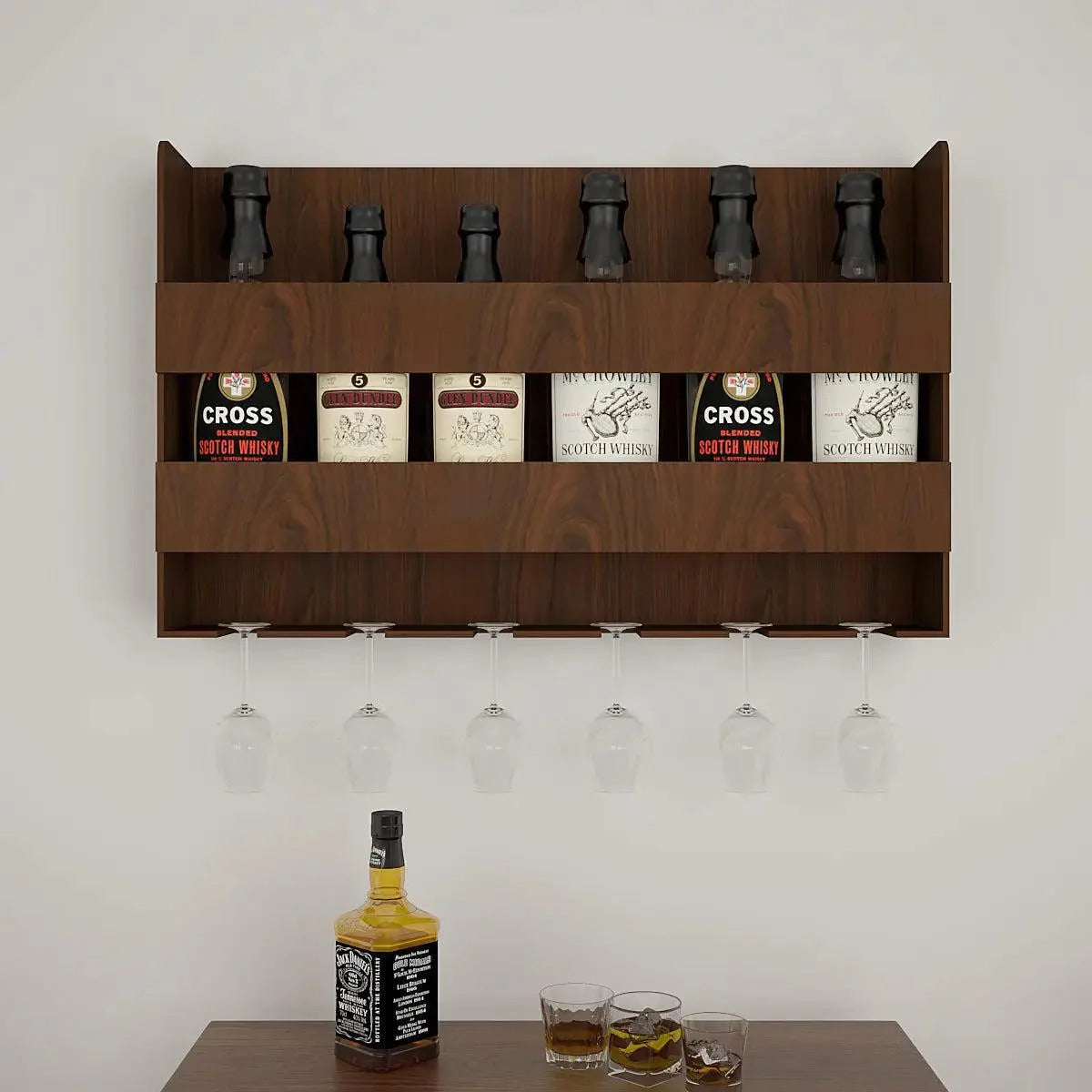 Sturdy Design Backlit MDF Bar Wall Shelf / Mini Bar Shelf in Walnut Finish