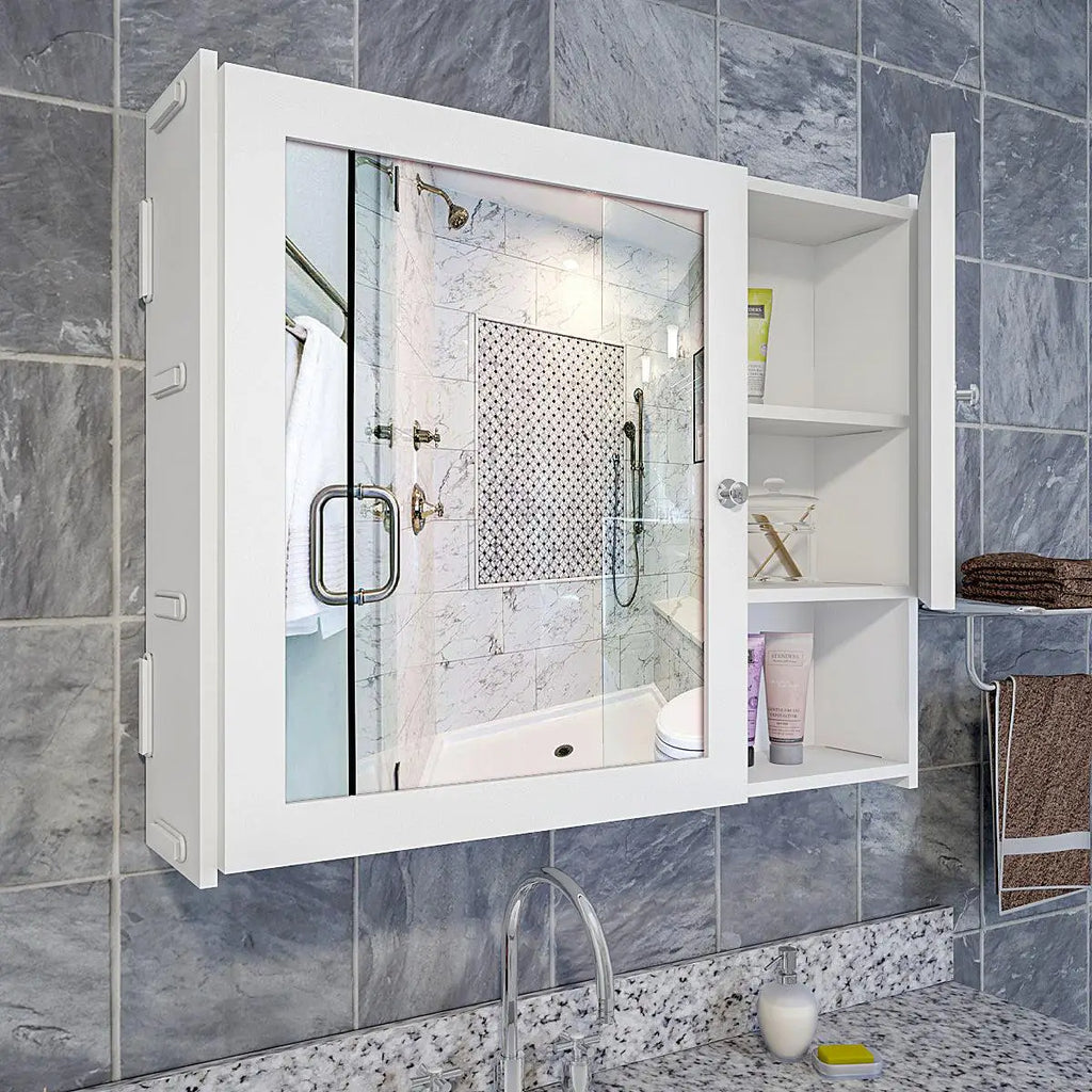 Sturdy Premium Wooden Bathroom Storage Cabinet with Mirrors & 5 Spacious Shelves with White Finish