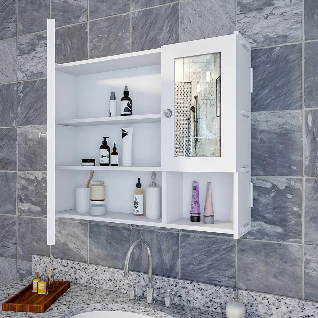 Sturdy Premium Wooden Bathroom Storage Cabinet with Mirrors & 5 Spacious Shelves with White Finish