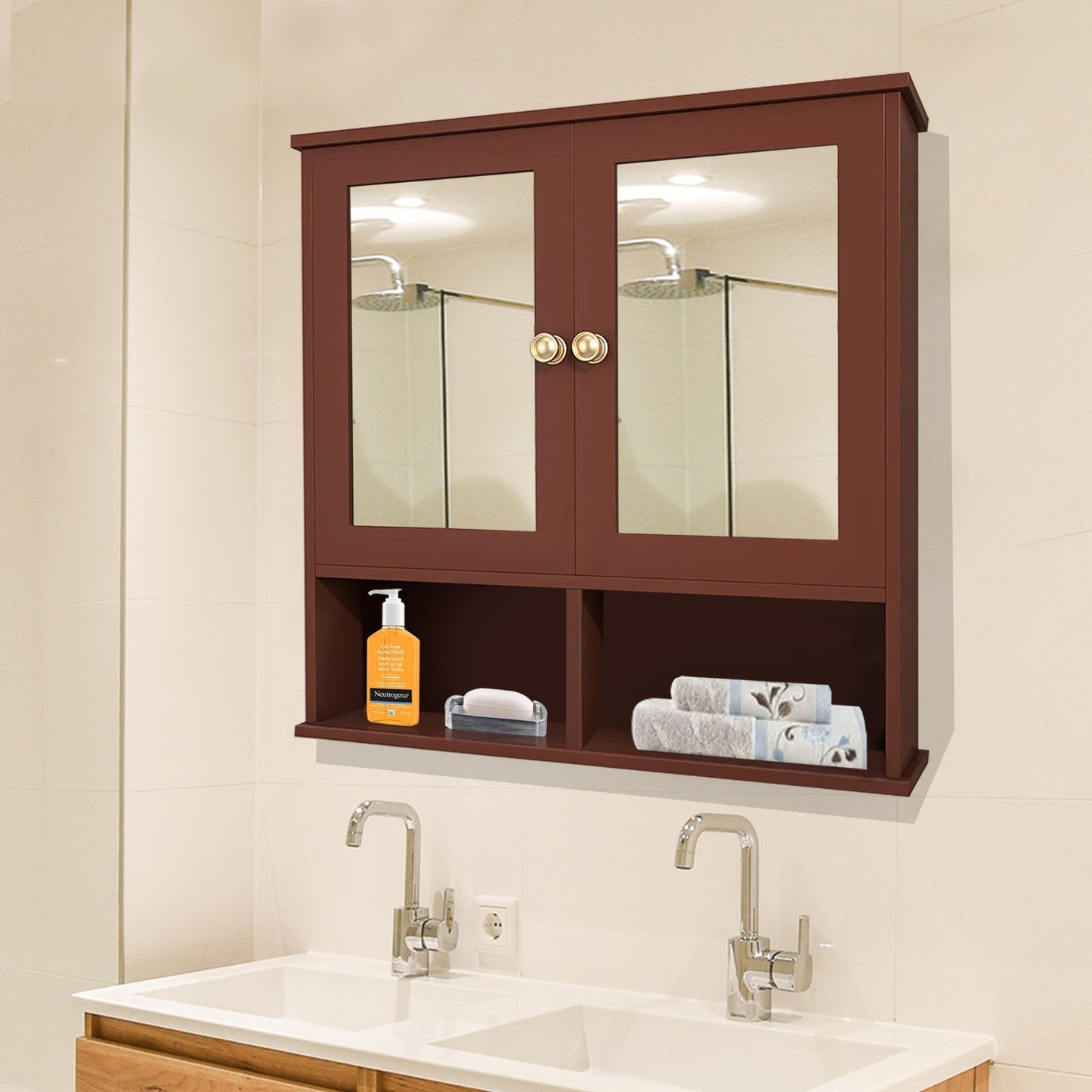 Sturdy Wooden Bathroom Storage Cabinet with Mirrors & 4 Spacious Shelves with Solid Brown Finish