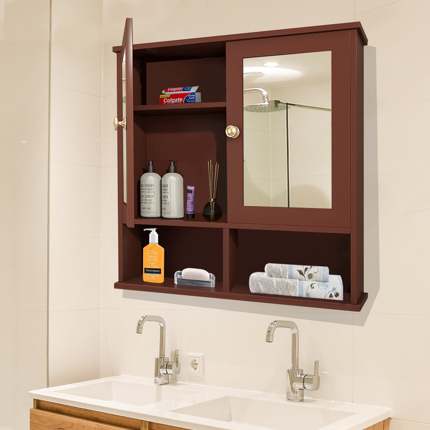 Sturdy Wooden Bathroom Storage Cabinet with Mirrors & 4 Spacious Shelves with Solid Brown Finish