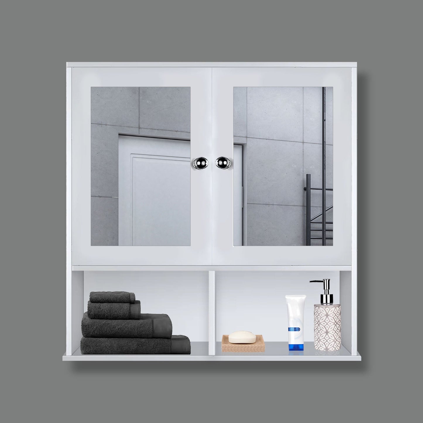 Sturdy Wooden Bathroom Storage Cabinet with Mirrors & 4 Spacious Shelves with White Finish