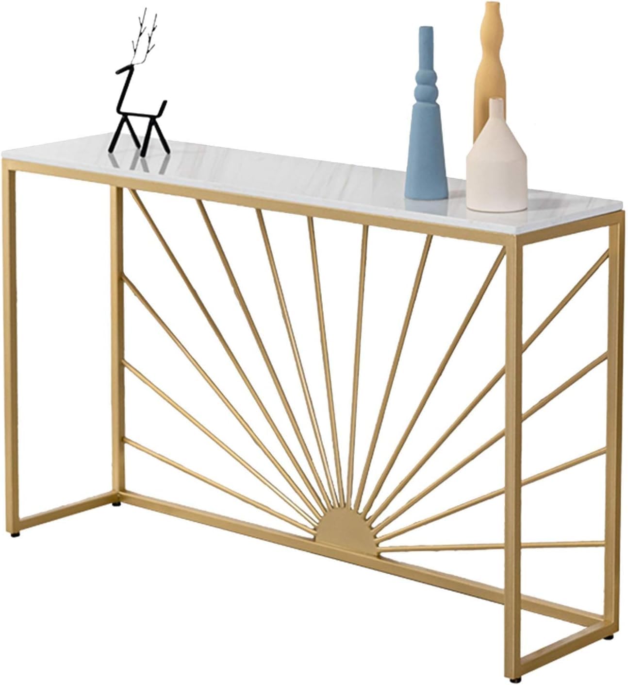 Sun Ray Pattern Designer White Marble Golden Console Table