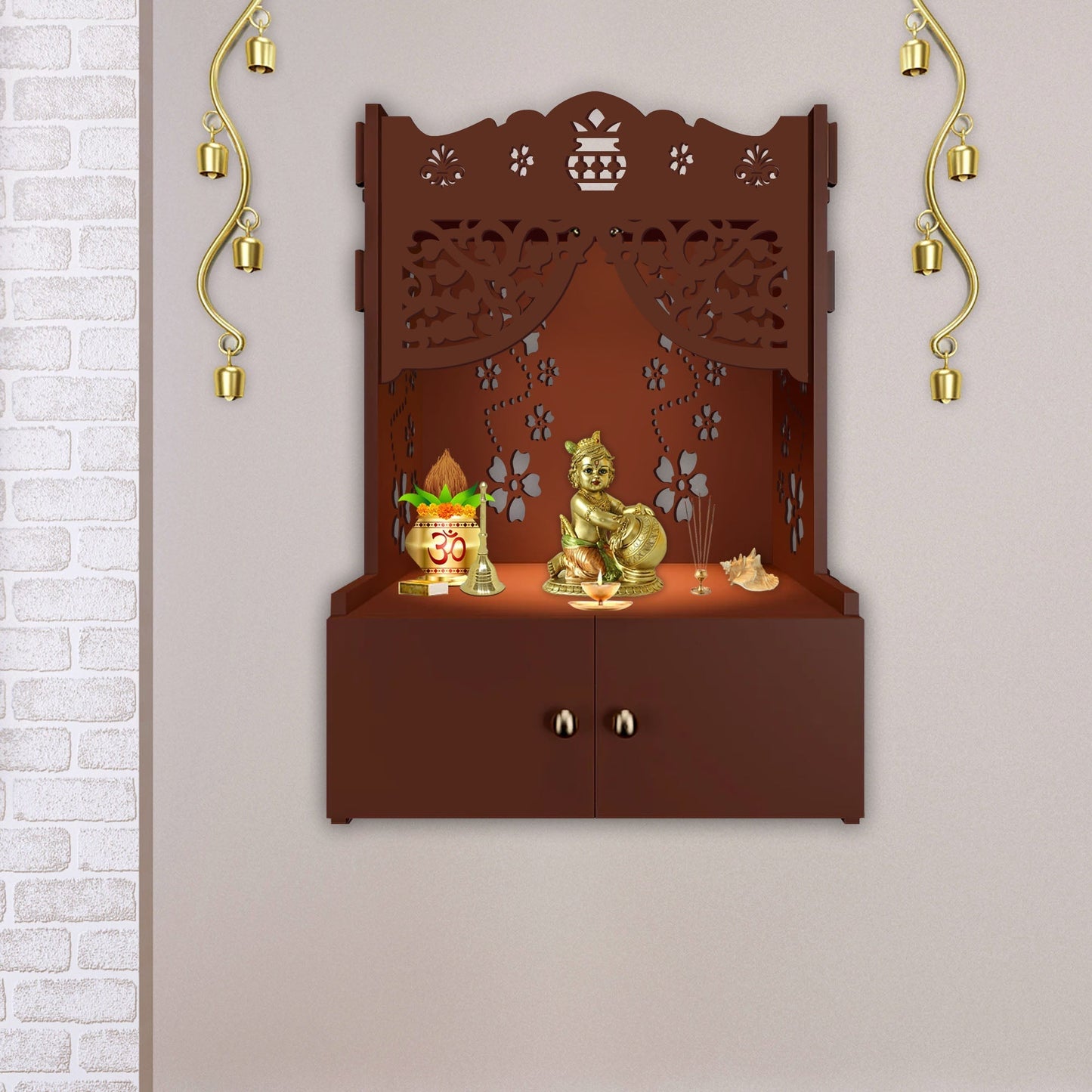 Swastika Kalash Symbol of Hindu Religious Brown Wooden Wall Temple for Home With Inbuilt focus Lights & Spacious Shelf