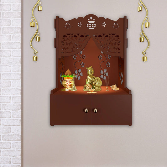 Swastika Kalash Symbol of Hindu Religious Brown Wooden Wall Temple for Home With Inbuilt focus Lights & Spacious Shelf