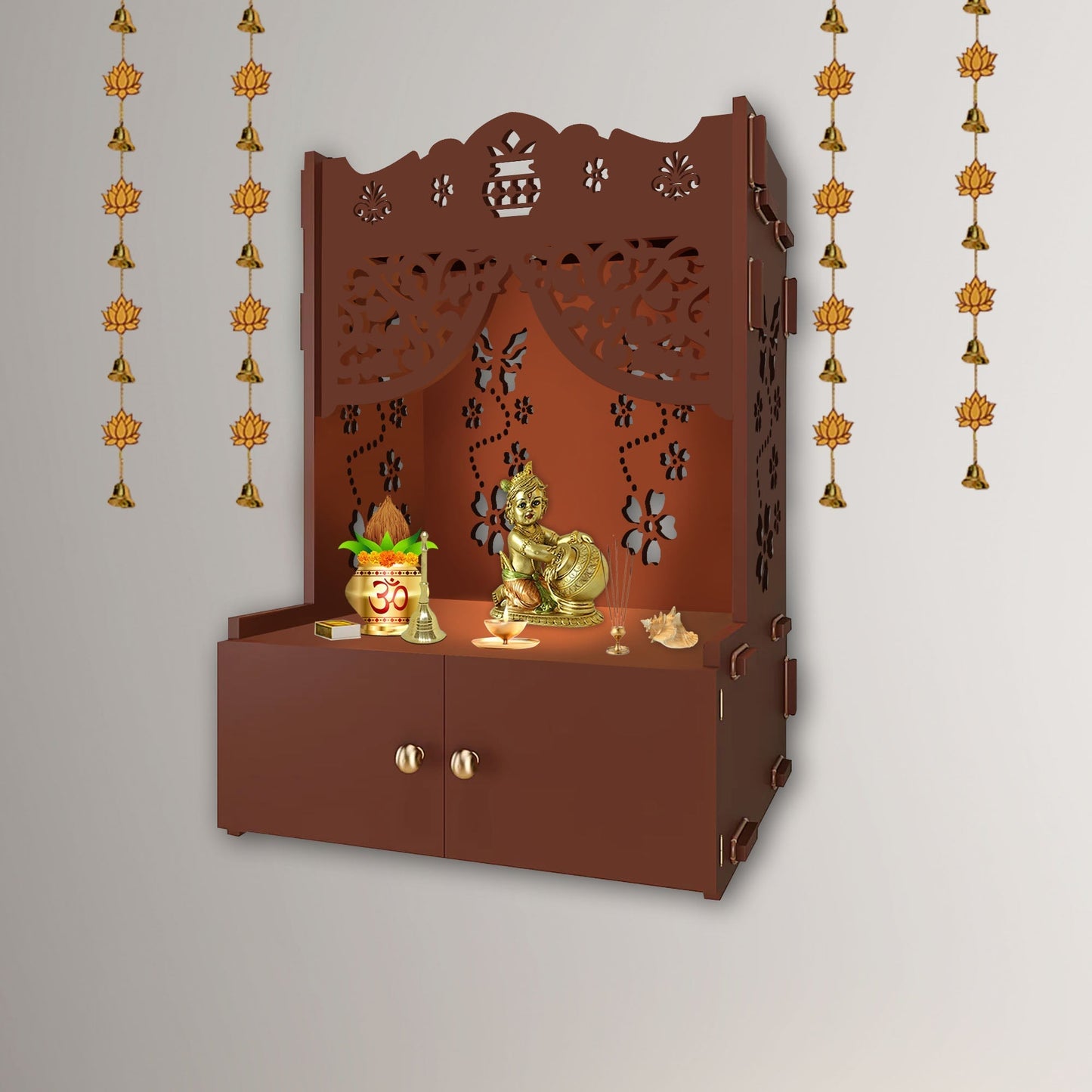 Swastika Kalash Symbol of Hindu Religious Brown Wooden Wall Temple for Home With Inbuilt focus Lights & Spacious Shelf