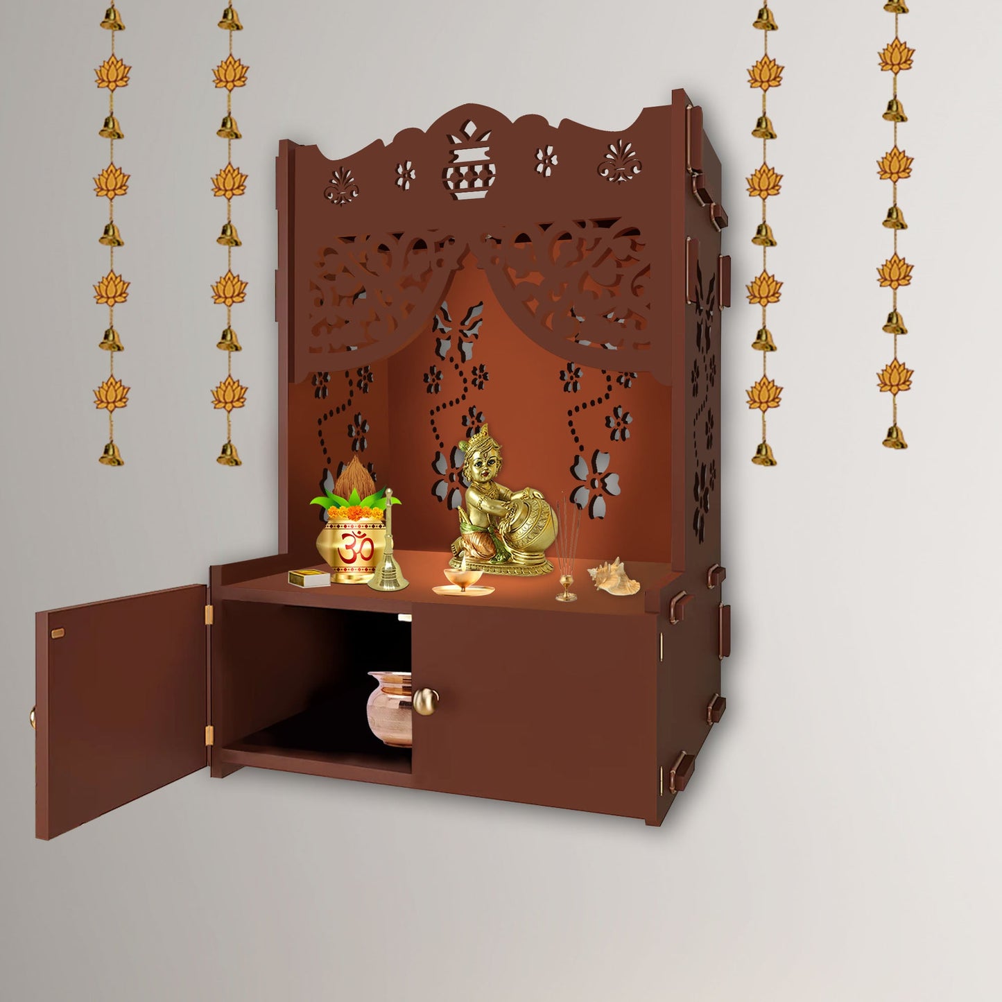 Swastika Kalash Symbol of Hindu Religious Brown Wooden Wall Temple for Home With Inbuilt focus Lights & Spacious Shelf