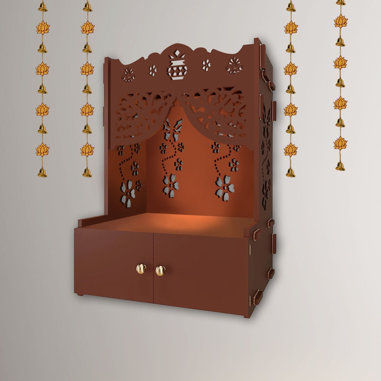 Swastika Kalash Symbol of Hindu Religious Brown Wooden Wall Temple for Home With Inbuilt focus Lights & Spacious Shelf