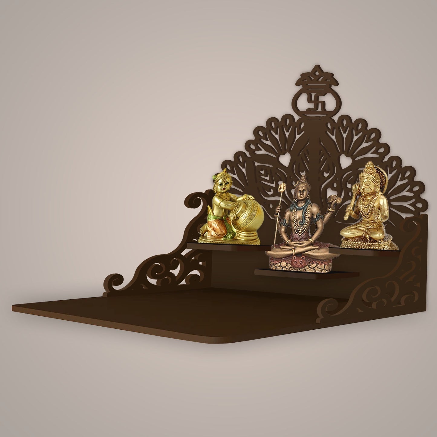 Swastika Kalash Symbol of Hindu Religious Wall Hanging Wooden Temple/ Pooja Mandir Design with Shelf, Brown Color