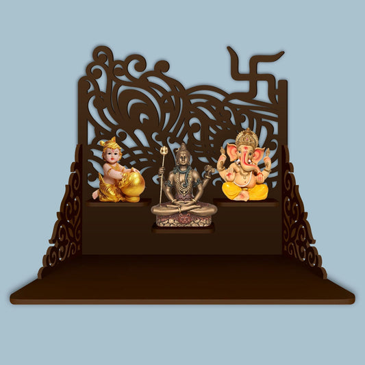 Swastika Symbol of Hindu Religious Wall Hanging Wooden Temple/ Pooja Mandir Design with Shelf, Brown Color