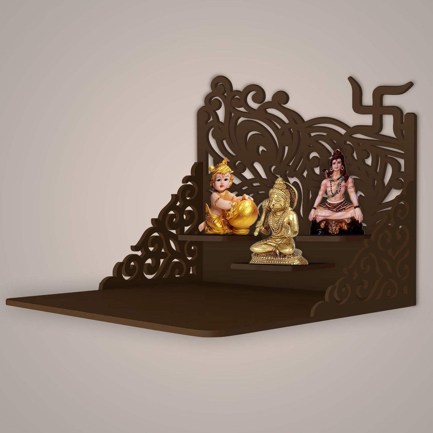 Swastika Symbol of Hindu Religious Wall Hanging Wooden Temple/ Pooja Mandir Design with Shelf, Brown Color