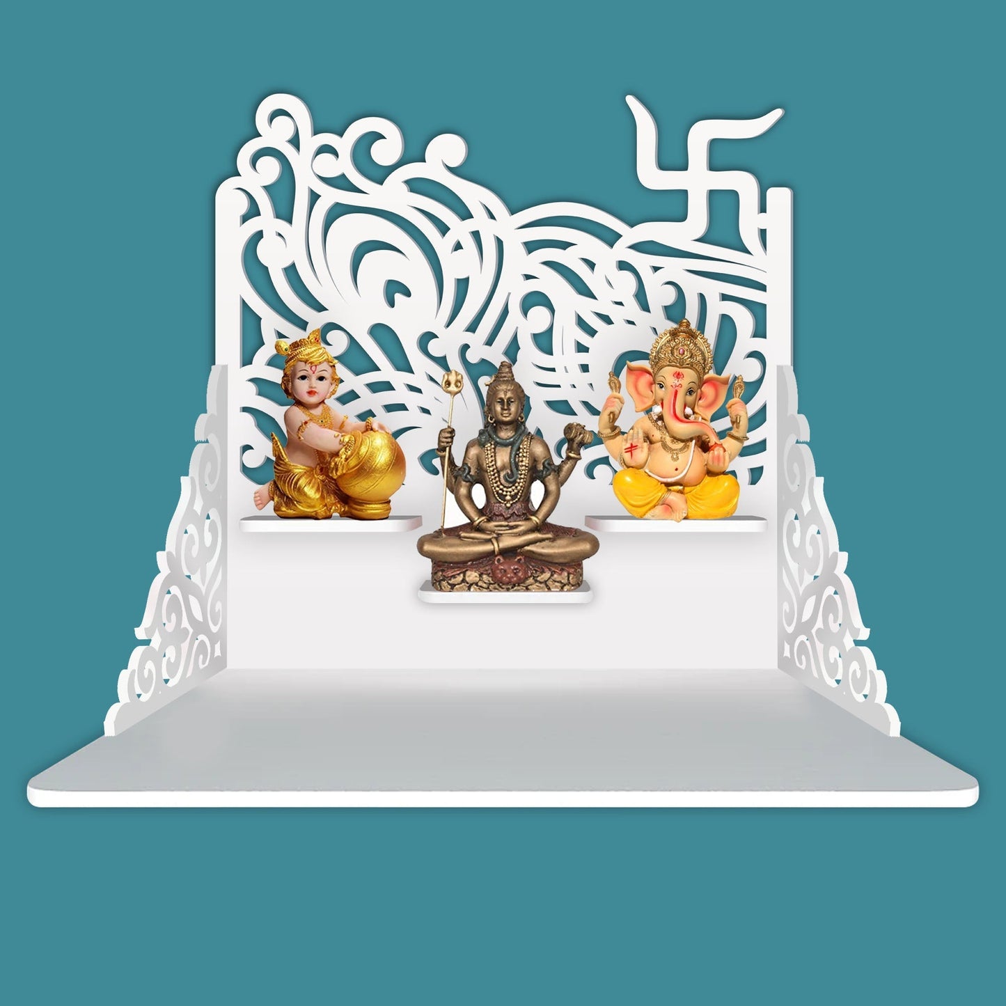 Swastika Symbol of Hindu Religious Wall Hanging Wooden Temple/ Pooja Mandir Design with Shelf, White Color