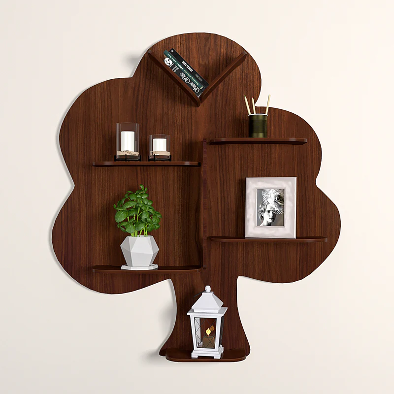 Tree Backlit Designer Wooden Wall Shelf / Book Shelf / Night Light, Walnut Finish