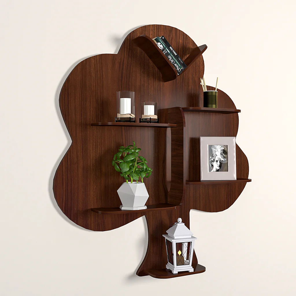 Tree Backlit Designer Wooden Wall Shelf / Book Shelf / Night Light, Walnut Finish