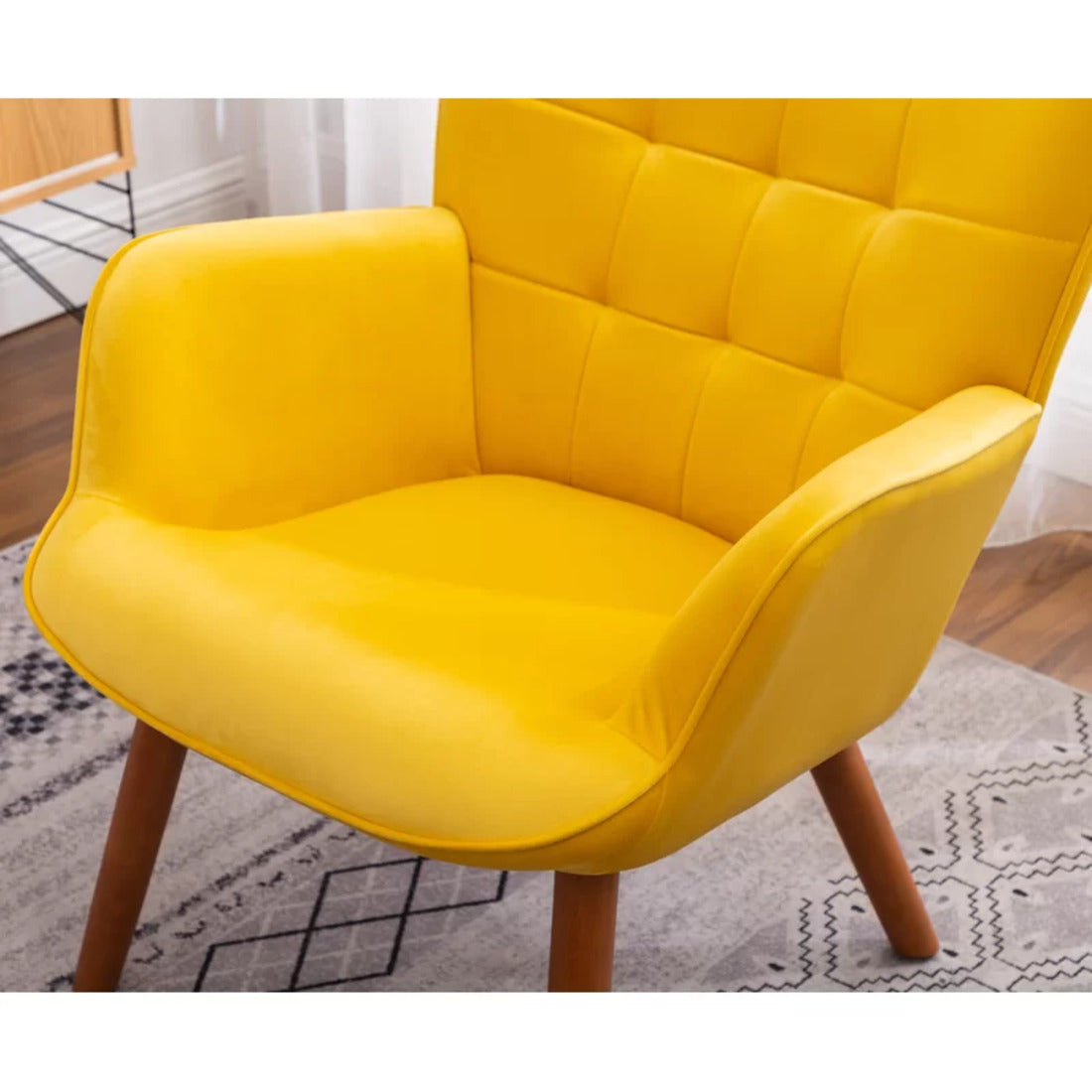 Tufted Curvy Long Back Yellow Color Lounge Chair with Ottoman