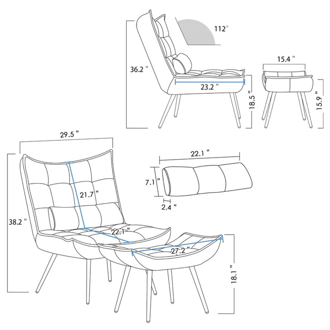 Tufted Long Back Premium Grey Lounge Chair with Ottoman