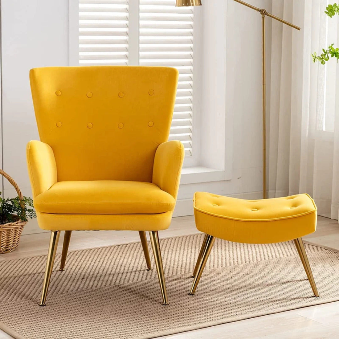 Tufted Long Back Yellow Color Lounge Chair with Ottoman