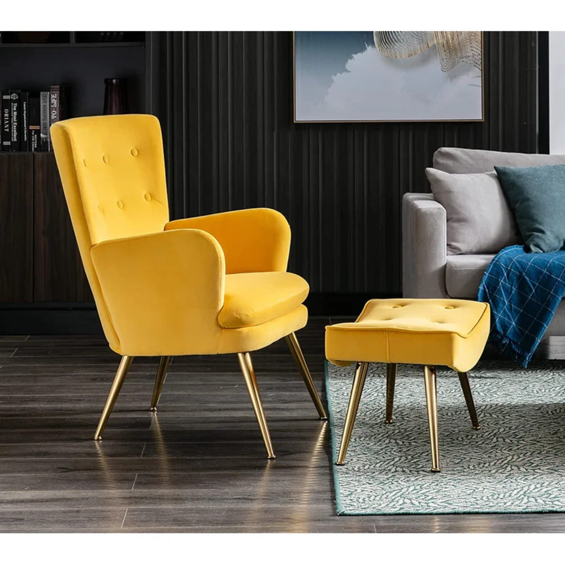 Tufted Long Back Yellow Color Lounge Chair with Ottoman