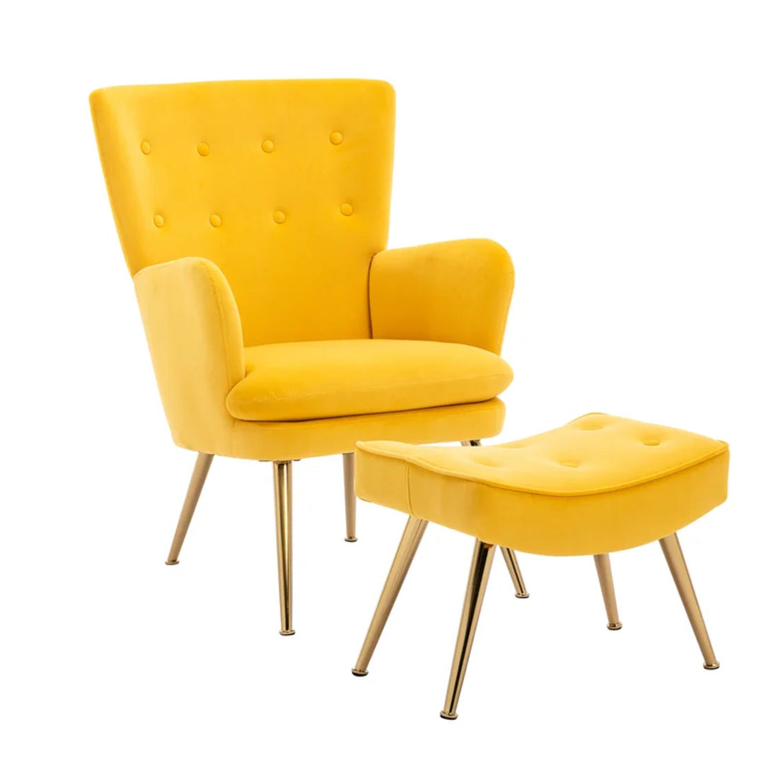 Tufted Long Back Yellow Color Lounge Chair with Ottoman