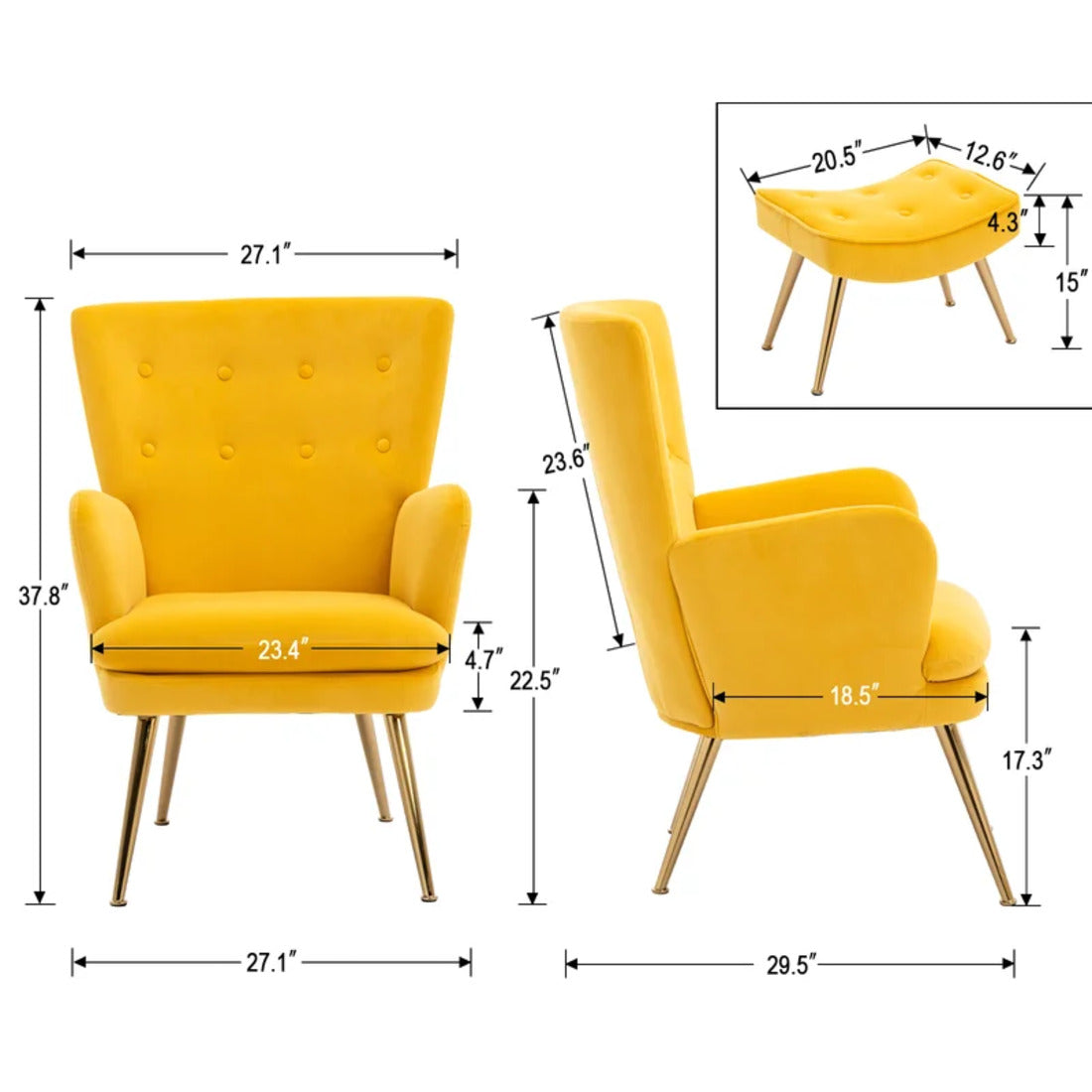 Tufted Long Back Yellow Color Lounge Chair with Ottoman