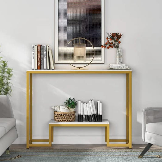 Two-Tier White Marble Gold Console Table