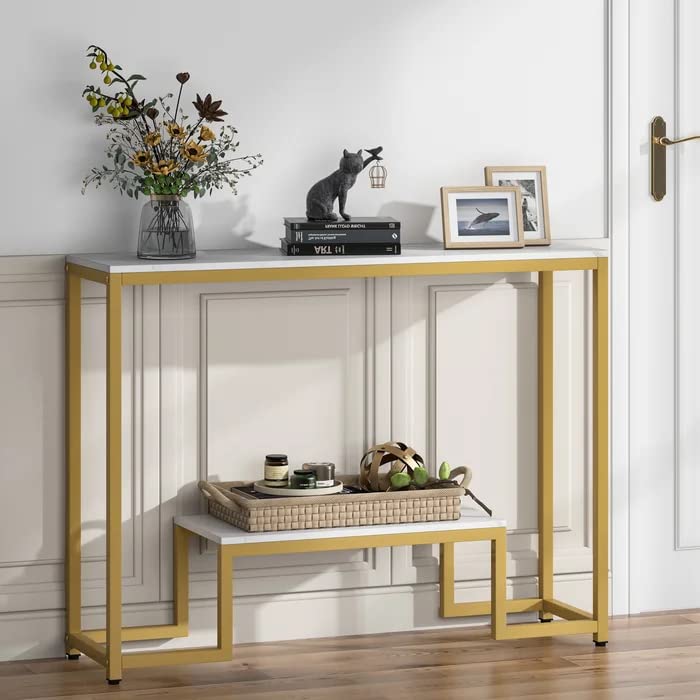 Two-Tier White Marble Gold Console Table