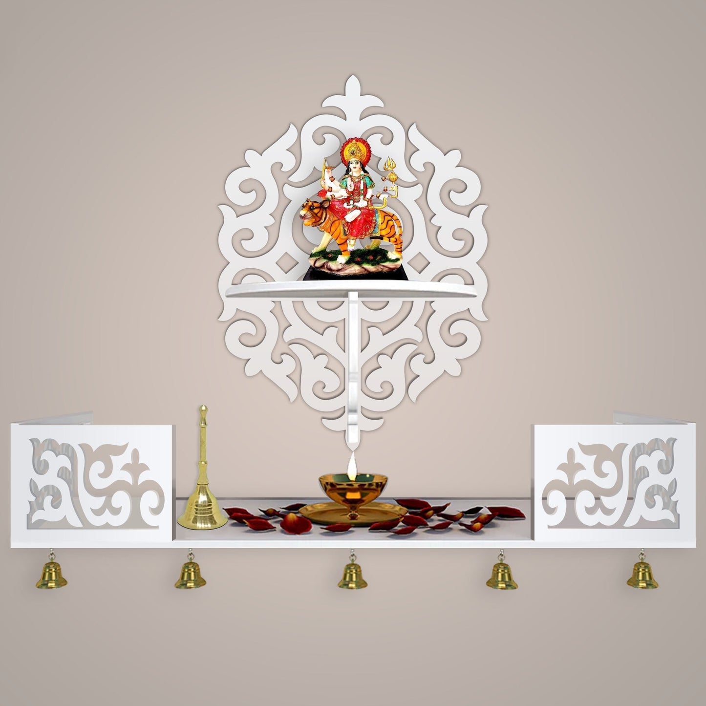 Unique Designer Beautiful Wall Hanging Wooden Temple/ Pooja Mandir Design with Shelf, White Color