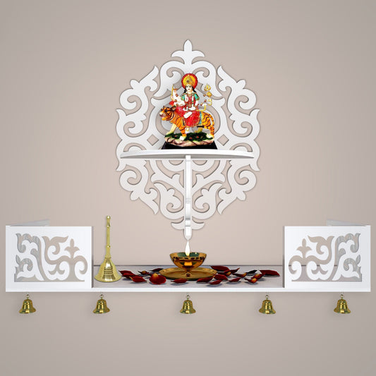 Unique Designer Beautiful Wall Hanging Wooden Temple/ Pooja Mandir Design with Shelf, White Color