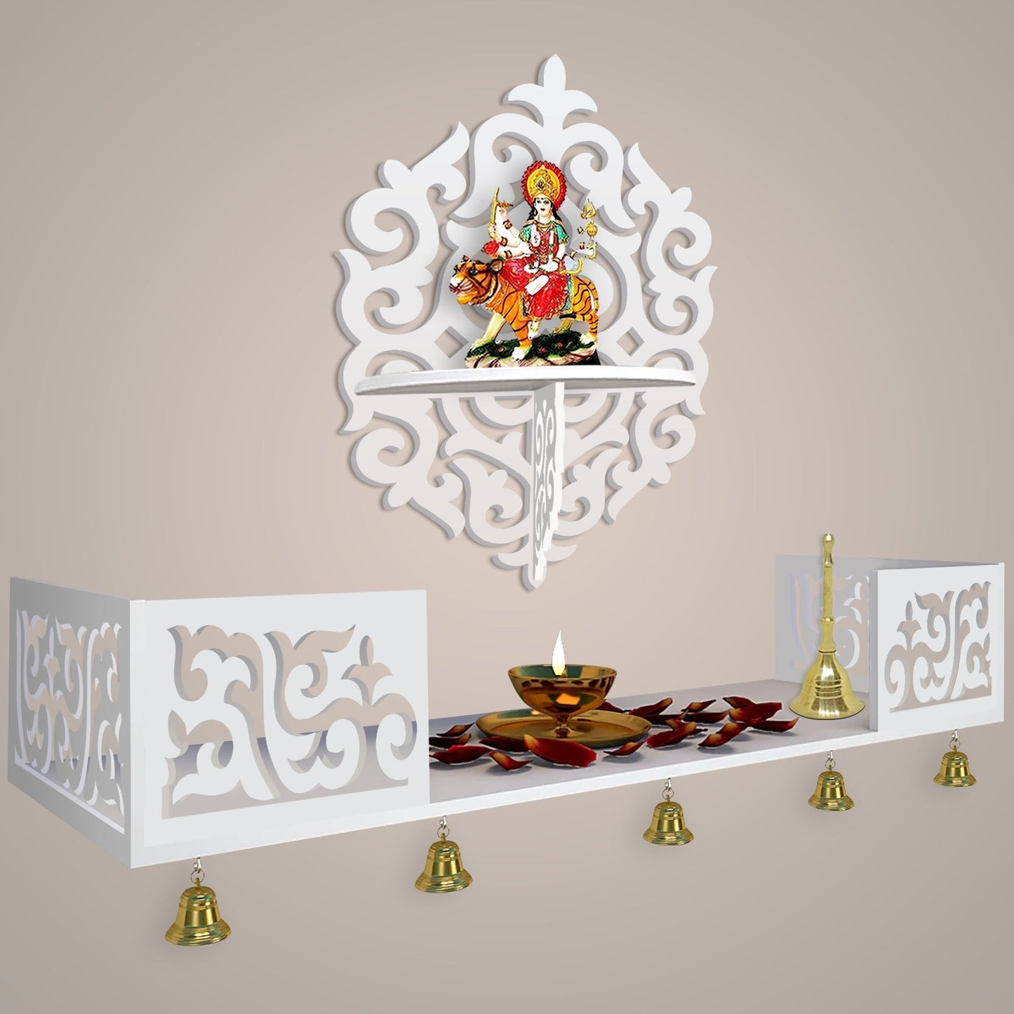 Unique Designer Beautiful Wall Hanging Wooden Temple/ Pooja Mandir Design with Shelf, White Color