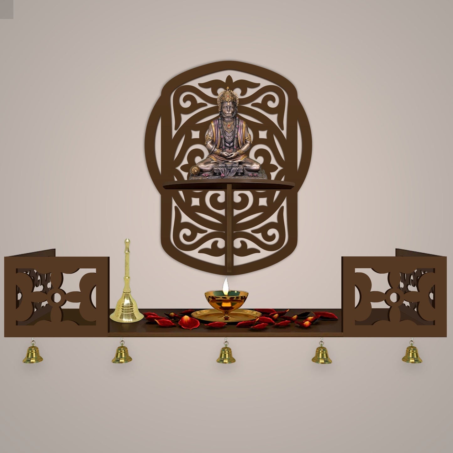 Unique Modern Designer Beautiful Wall Hanging Wooden Temple/ Pooja Mandir Design with Shelf, Brown Color