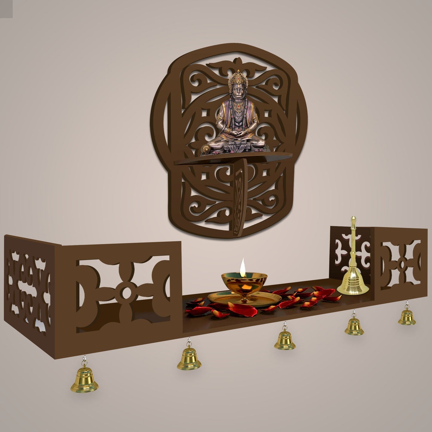 Unique Modern Designer Beautiful Wall Hanging Wooden Temple/ Pooja Mandir Design with Shelf, Brown Color