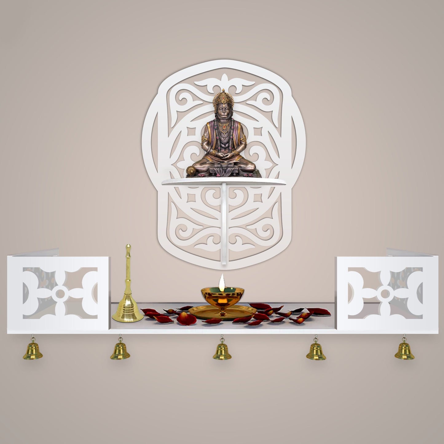 Unique Modern Designer Beautiful Wall Hanging Wooden Temple/ Pooja Mandir Design with Shelf, White Color