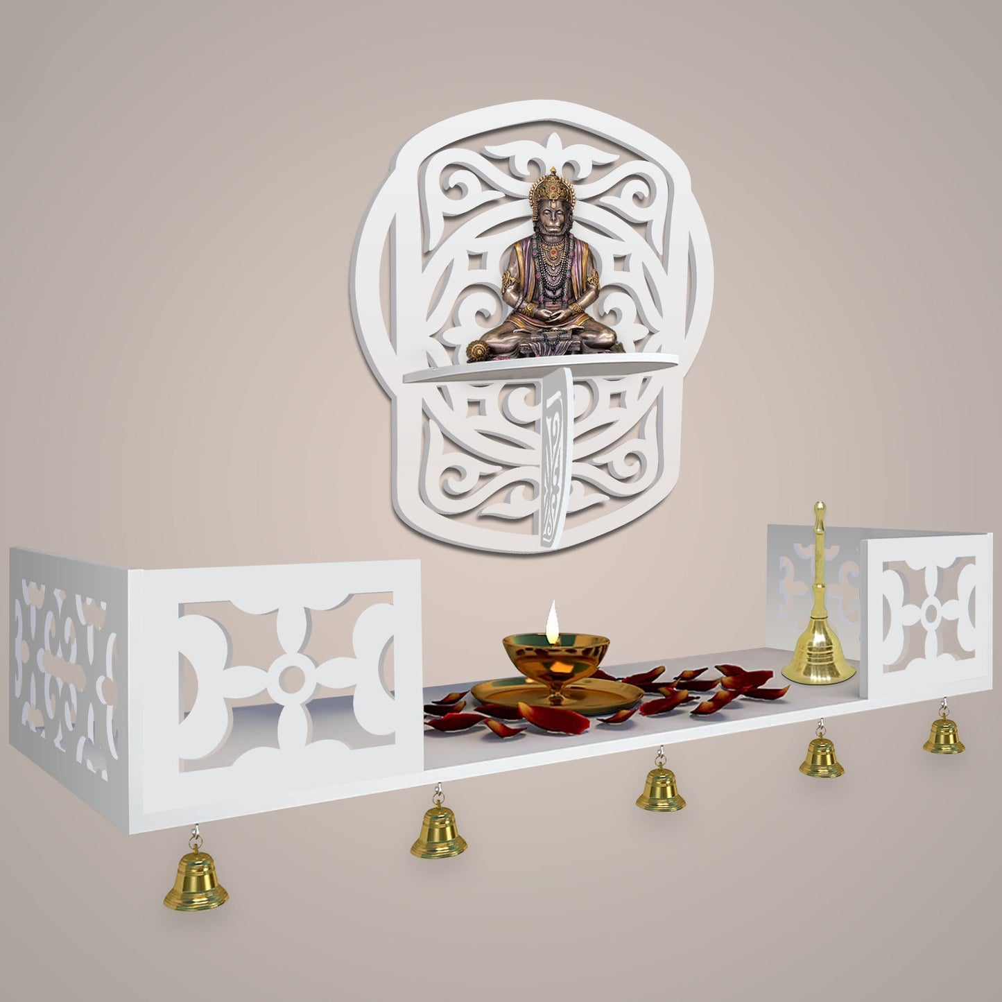 Unique Modern Designer Beautiful Wall Hanging Wooden Temple/ Pooja Mandir Design with Shelf, White Color