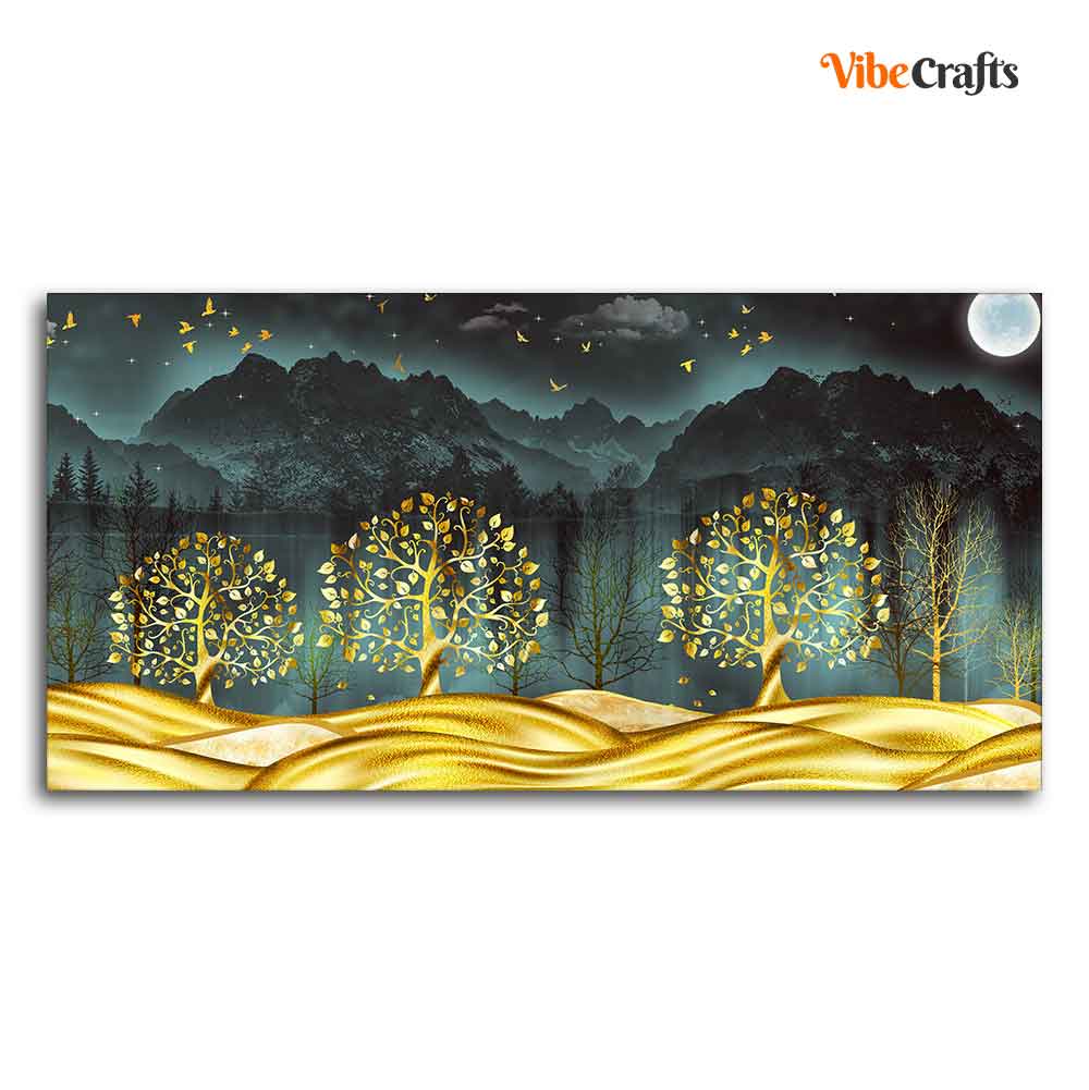 Wall Painting of Golden Trees in Dark Forest