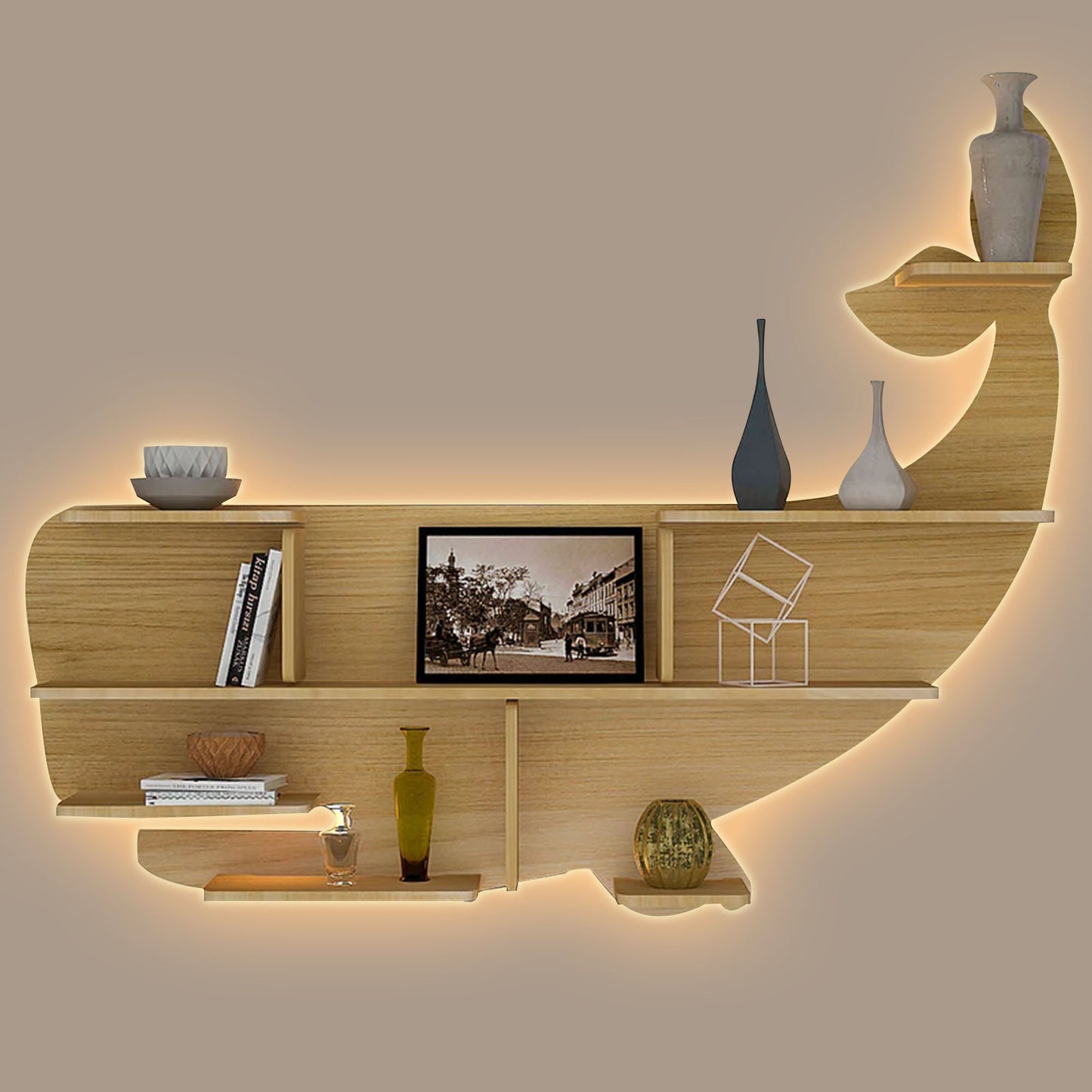 Whale Backlit Designer Wooden Wall Shelf / Book Shelf / Night Light, Light Oak Finish