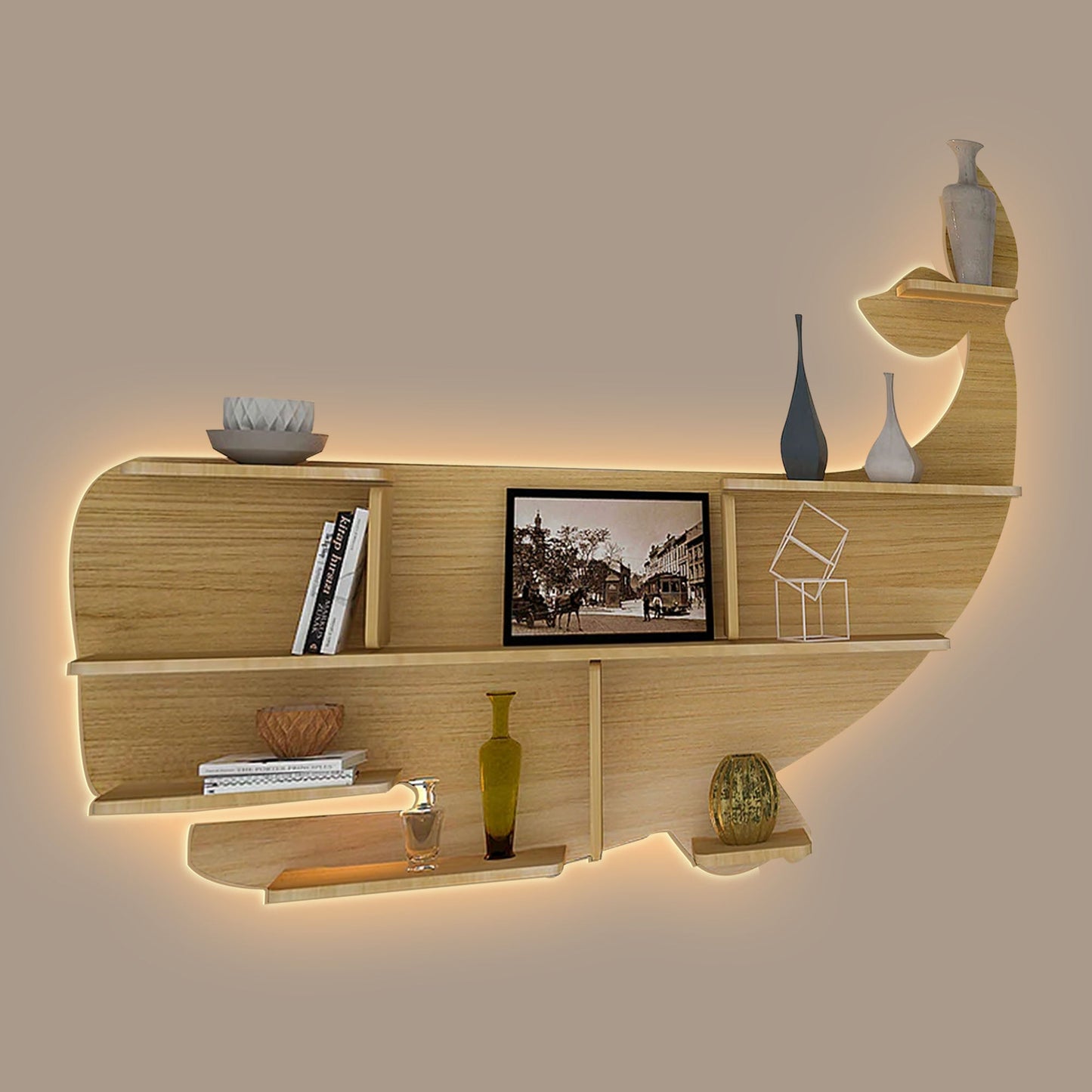 Whale Backlit Designer Wooden Wall Shelf / Book Shelf / Night Light, Light Oak Finish