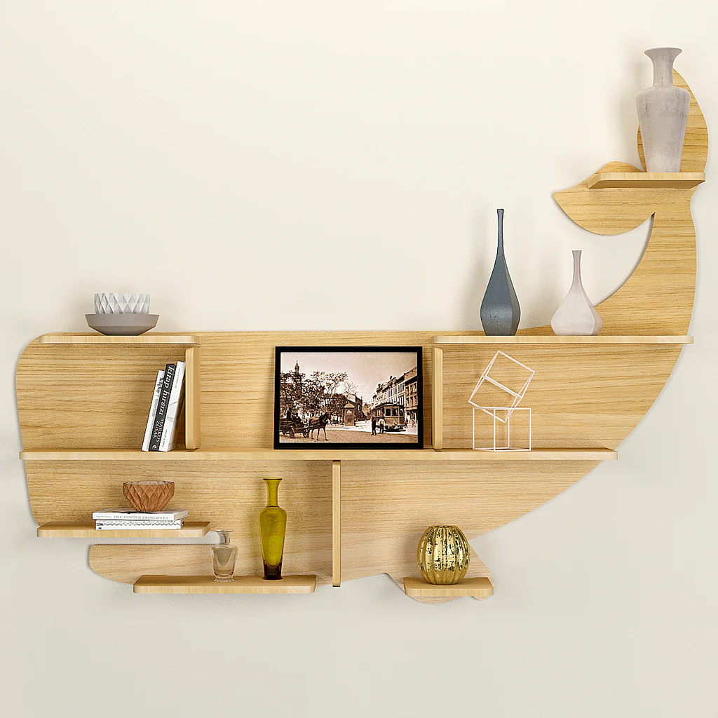 Whale Backlit Designer Wooden Wall Shelf / Book Shelf / Night Light, Light Oak Finish