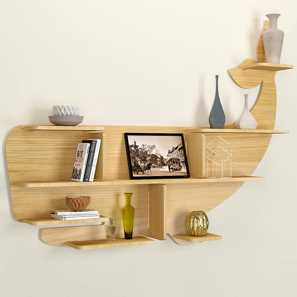 Whale Backlit Designer Wooden Wall Shelf / Book Shelf / Night Light, Light Oak Finish