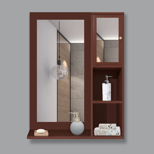 Structured Wooden Bathroom Cabinet Mirror with 4 Spacious Shelves with Solid Brown Finish