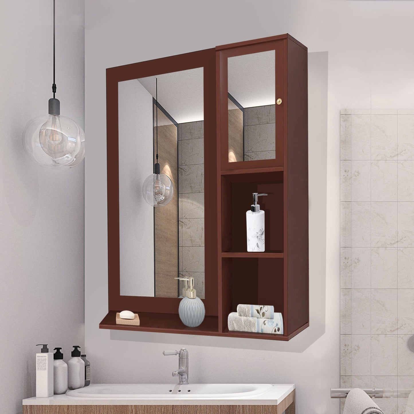 Structured Wooden Bathroom Cabinet Mirror with 4 Spacious Shelves with Solid Brown Finish