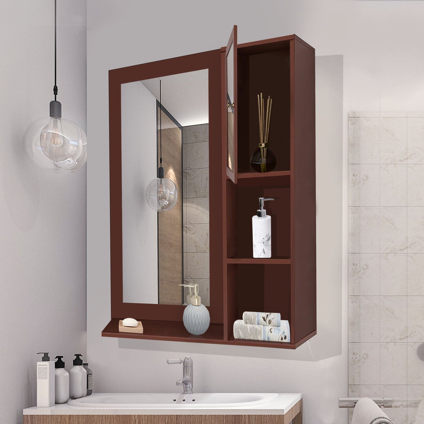 Structured Wooden Bathroom Cabinet Mirror with 4 Spacious Shelves with Solid Brown Finish