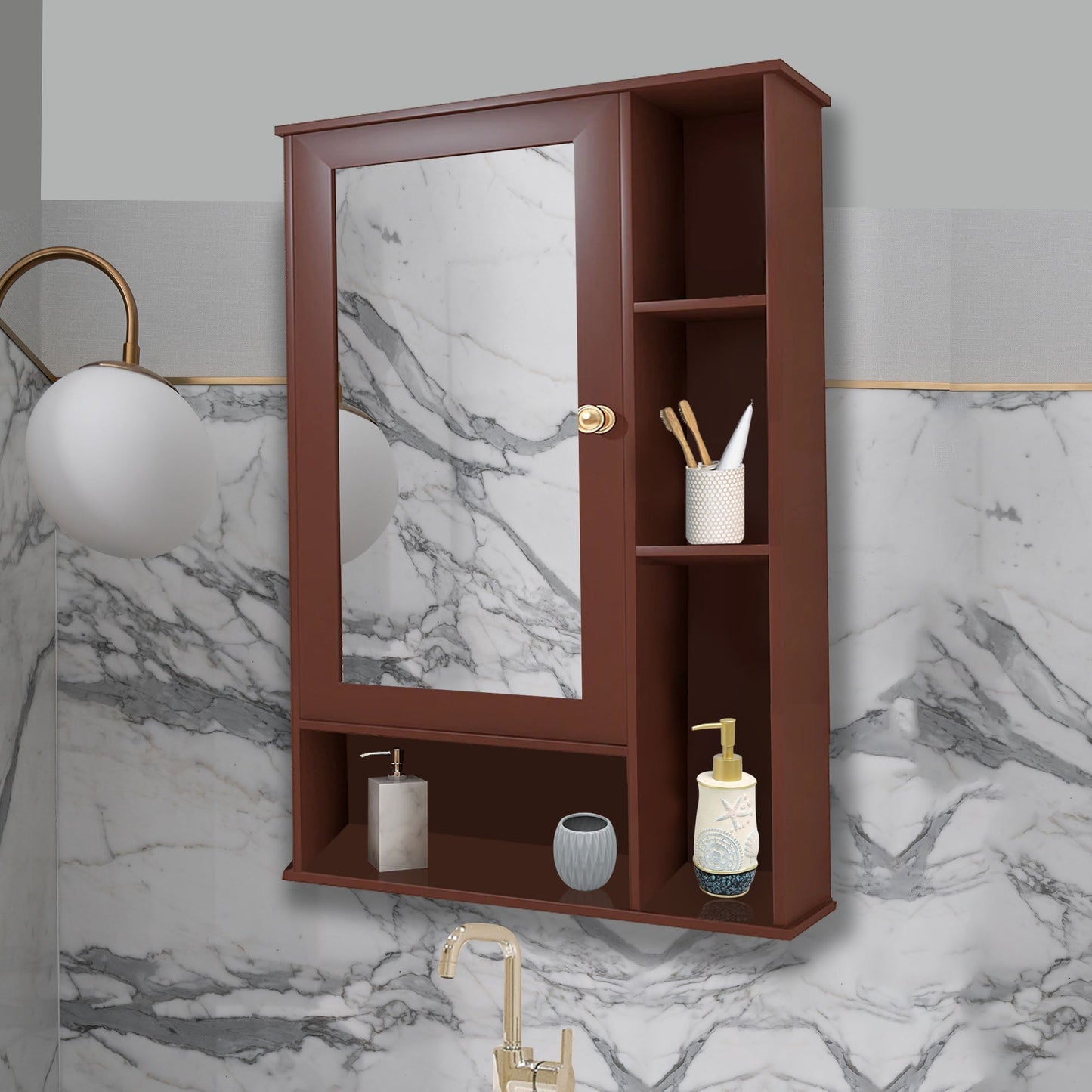 Aesthetic Wooden Bathroom Cabinet Mirror with 6 Spacious Shelves Finish Solid Brown