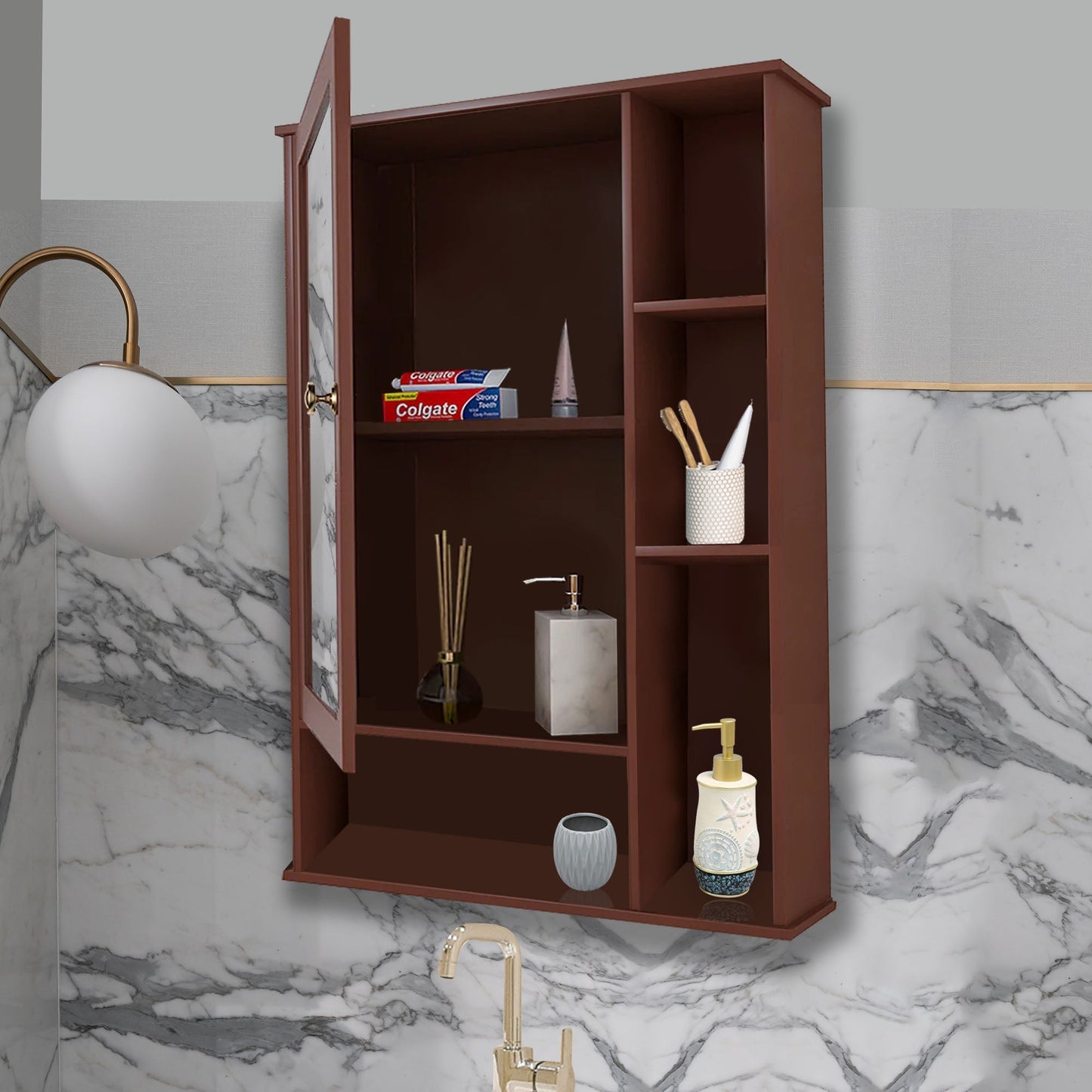 Aesthetic Wooden Bathroom Cabinet Mirror with 6 Spacious Shelves Finish Solid Brown