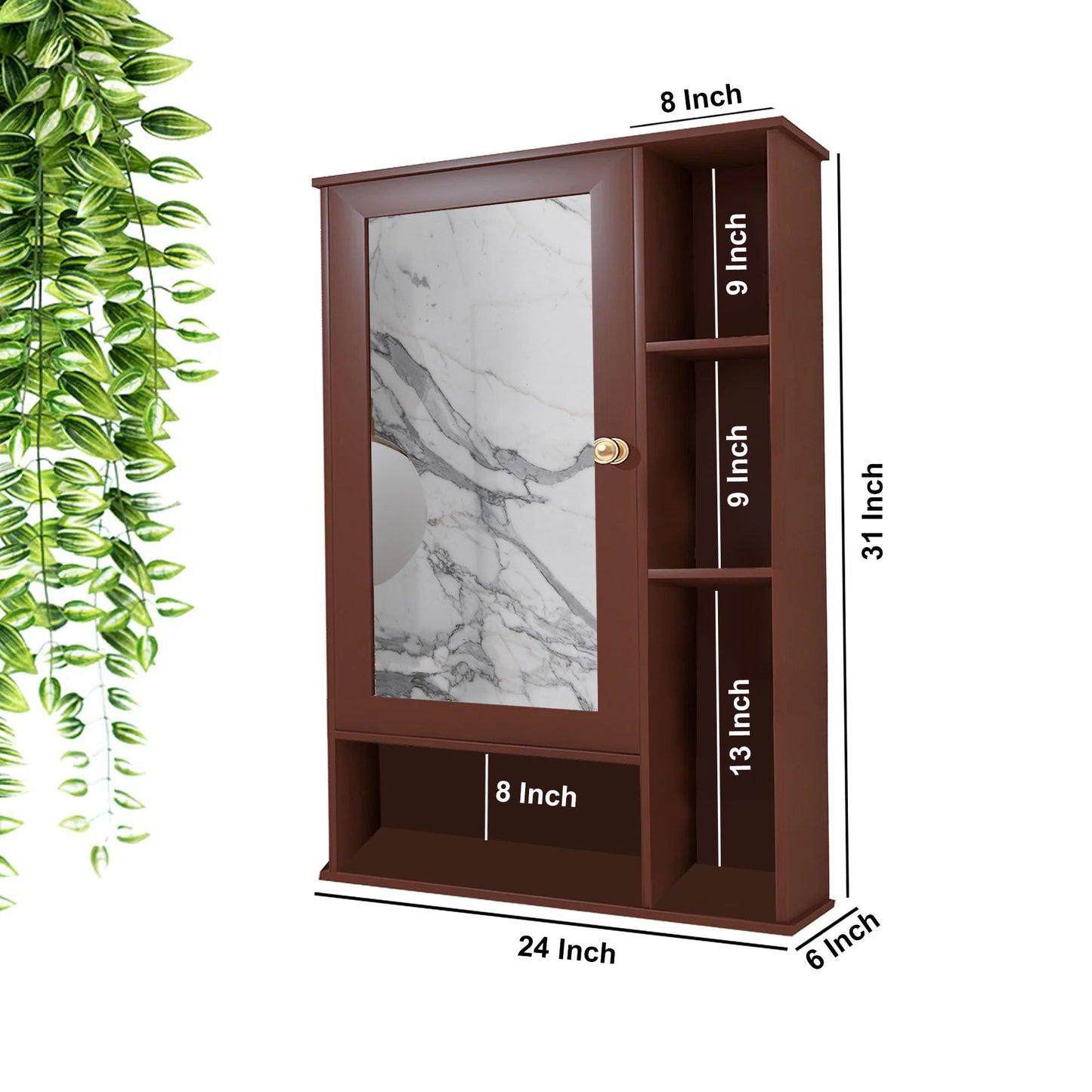 Aesthetic Wooden Bathroom Cabinet Mirror with 6 Spacious Shelves Finish Solid Brown