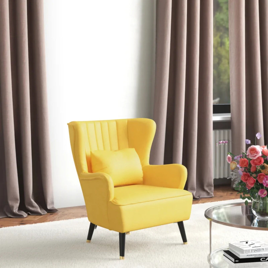 Yellow Color Tufted Accent Chair with Cushion