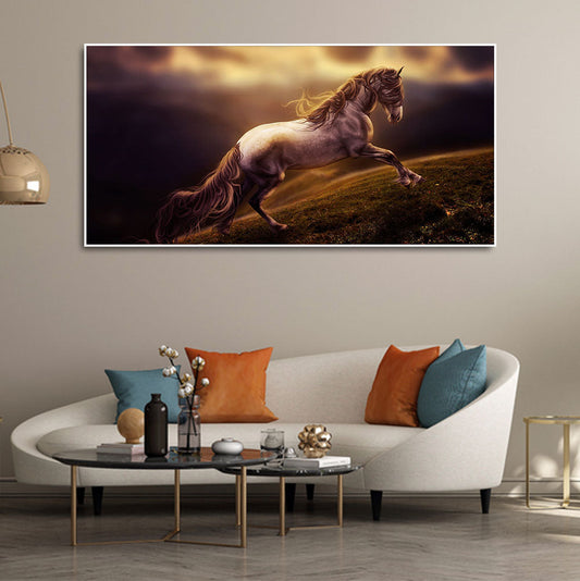 White Horse with Golden Hair Premium Canvas Panoramic Wall Hanging